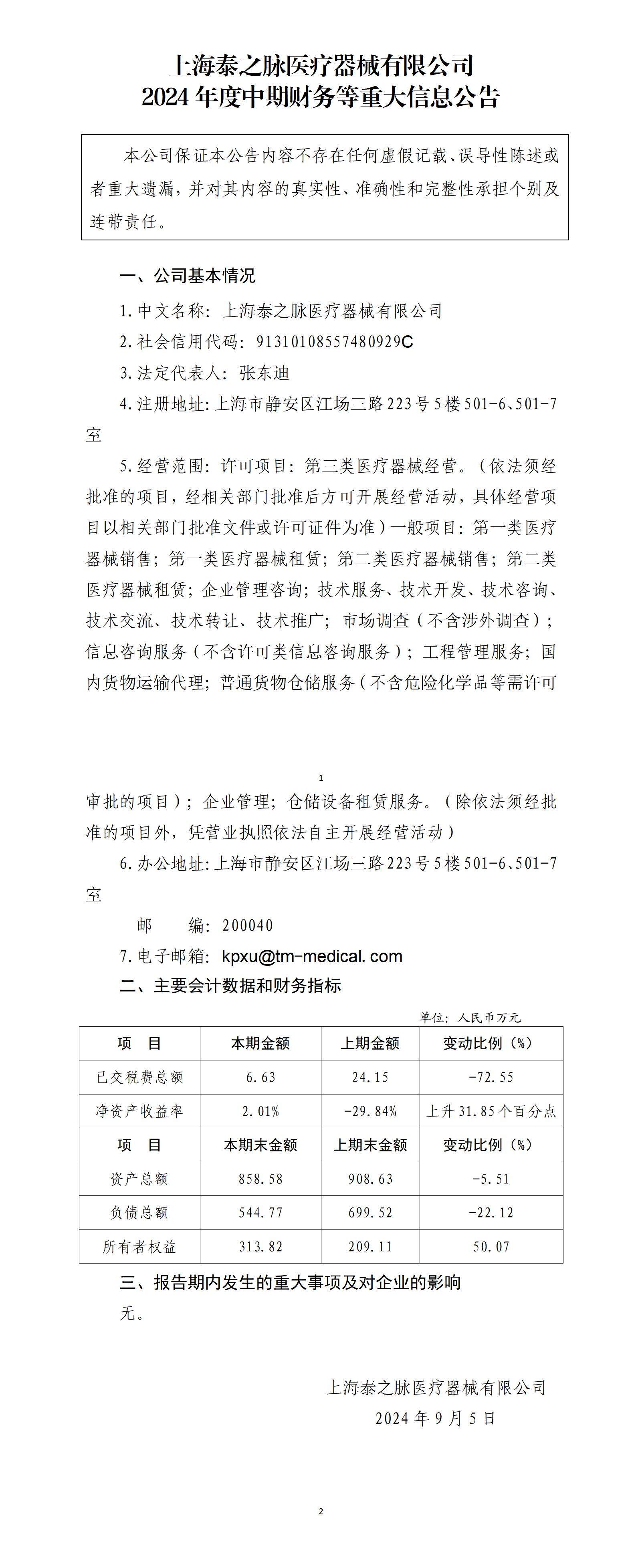 上海泰之脈醫療器械有限公司2024年中期財務等重大信息公告_01.jpg